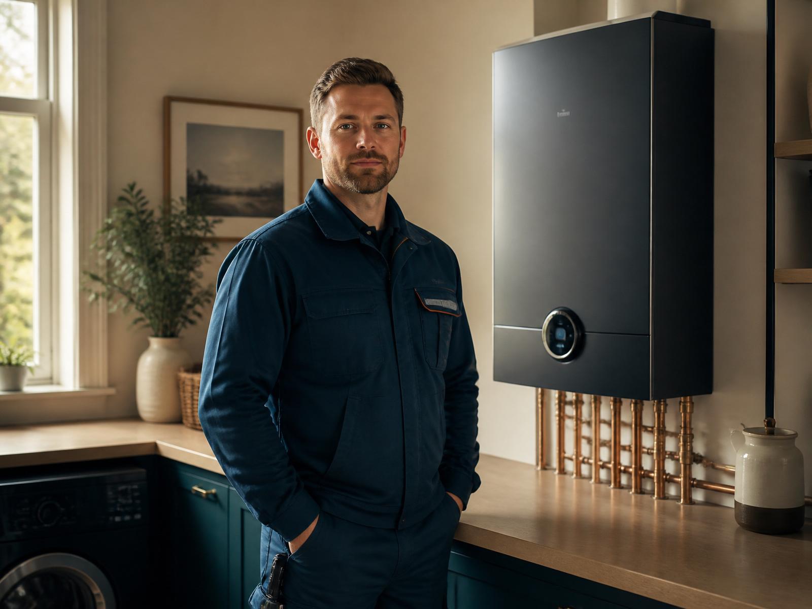 HVAC engineer standing by a modern boiler in a warm, calm British utility room